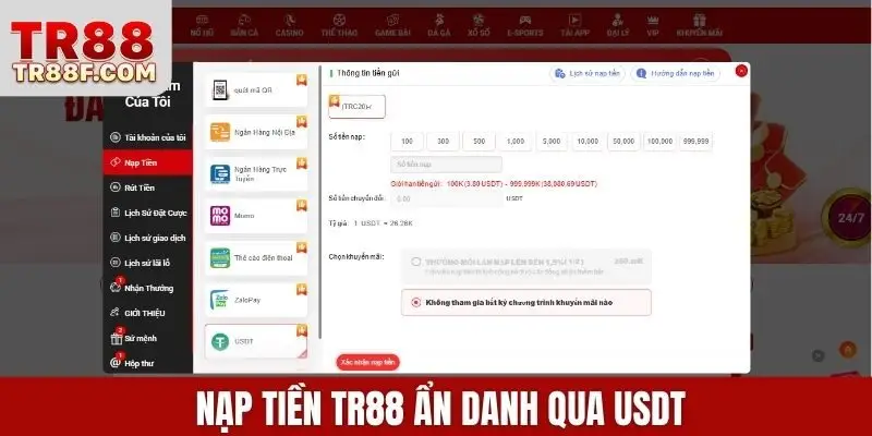  Nạp tiền TR88 ẩn danh qua USDT